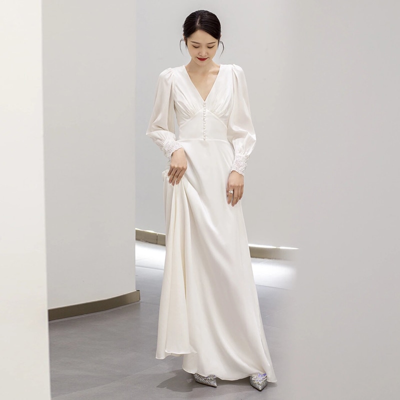 ドレス ワンピース ウェディング パーティー 二次会 演奏会 衣装 ロング 長袖 Vネック スリム ワイド 細身 Aライン ウエストマーク バックシャン バックコンシャス 薄手 きれいめ 大人可愛い