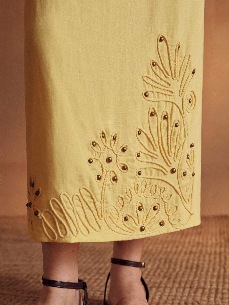 女性用リネンロープ刺繍ビーズバケーションスカート