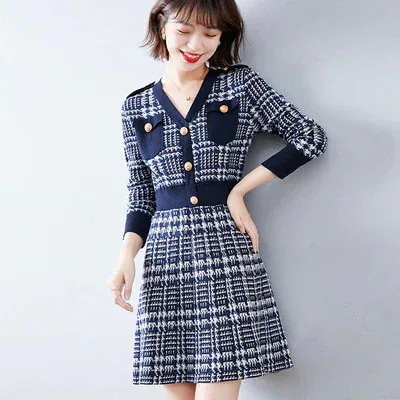 千鳥格子 厚手 ニットワンピ Aライン レディース ニットワンピース ロングスカート30%までに制限