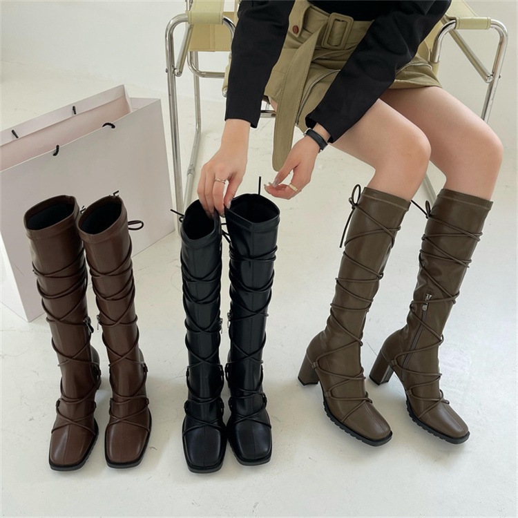 激安セール バンディング スリム 交差する リーンブーツ スクエアシューズ ブーツ かかと ロングブーツ 厚いかかと オールシーズン ストリート