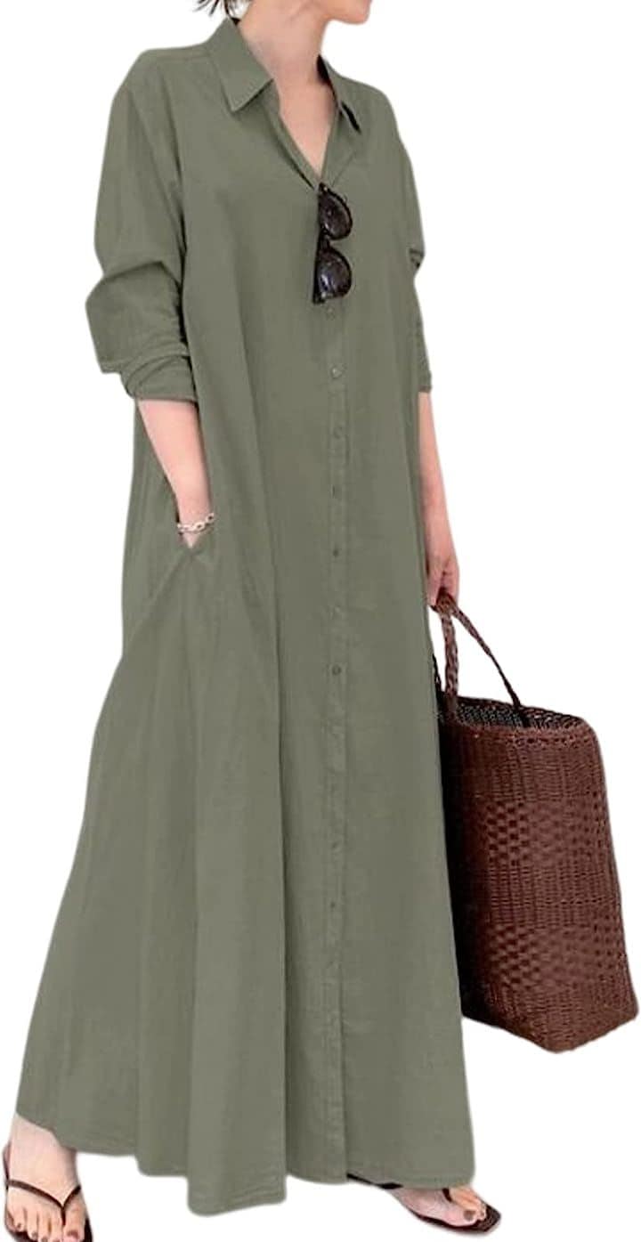 シャツワンピース レディース 長袖 マキシ丈 ロングワンピース( カーキ, M)