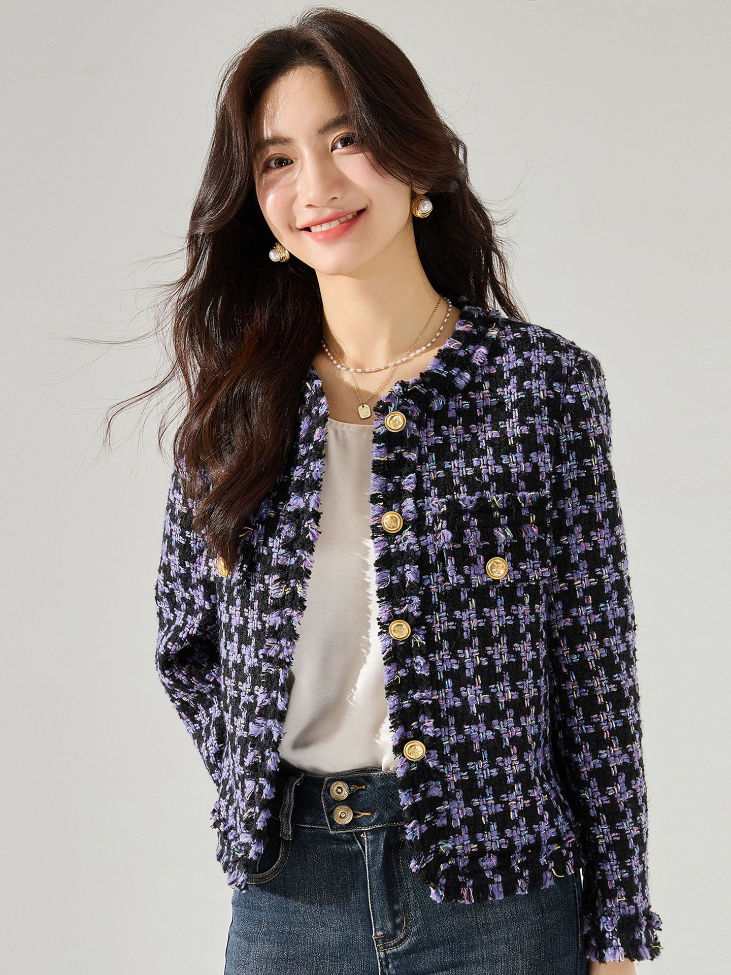 韓国24秋の高級感カラー千鳥格子気質ウールツイードフリンジバリ小香風コート女15490