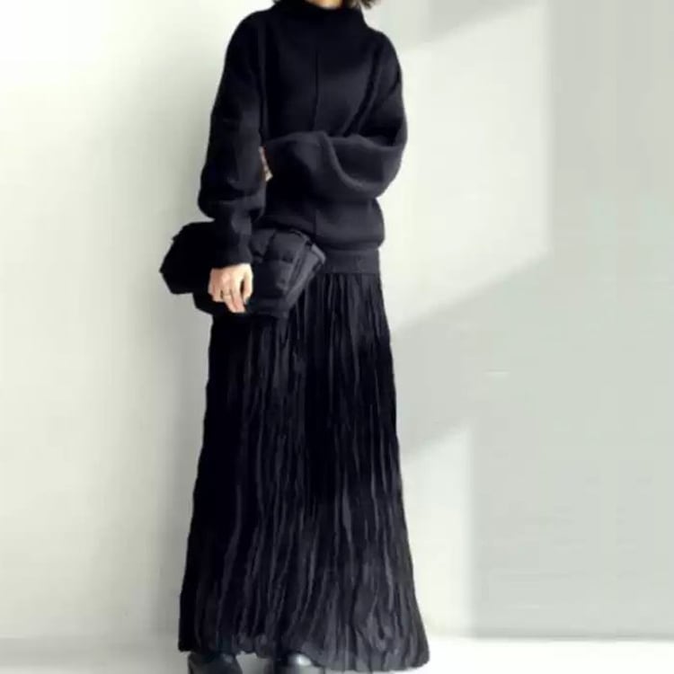 ニット切替ロングワンピース レディース ハイネック Aライン プリーツ 大人可愛い おしゃれ 無地 秋 冬 通勤 お出かけ 休日 カフェ 重ね着 楽ちん 体型カバー フリーサイズ ブラック 6,777円