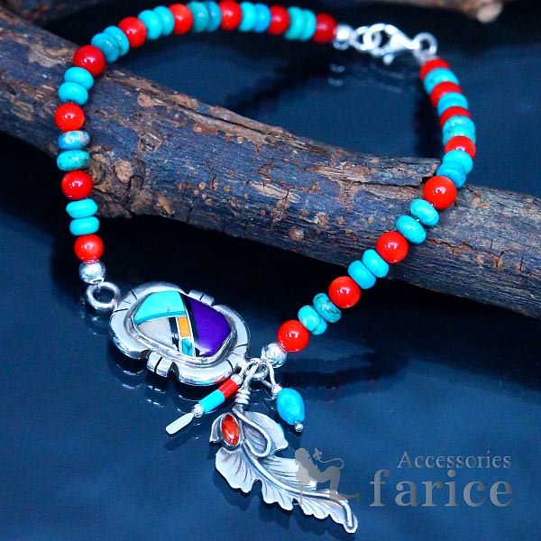 インディアンジュエリー フェザー 羽 ズニ族 天然石 ブルーターコイズ レッドコーラル 珊瑚 グレームーンストーン スギライト グリーンターコイズ オレンジスパイニーオイスター ジェット メンズ シル