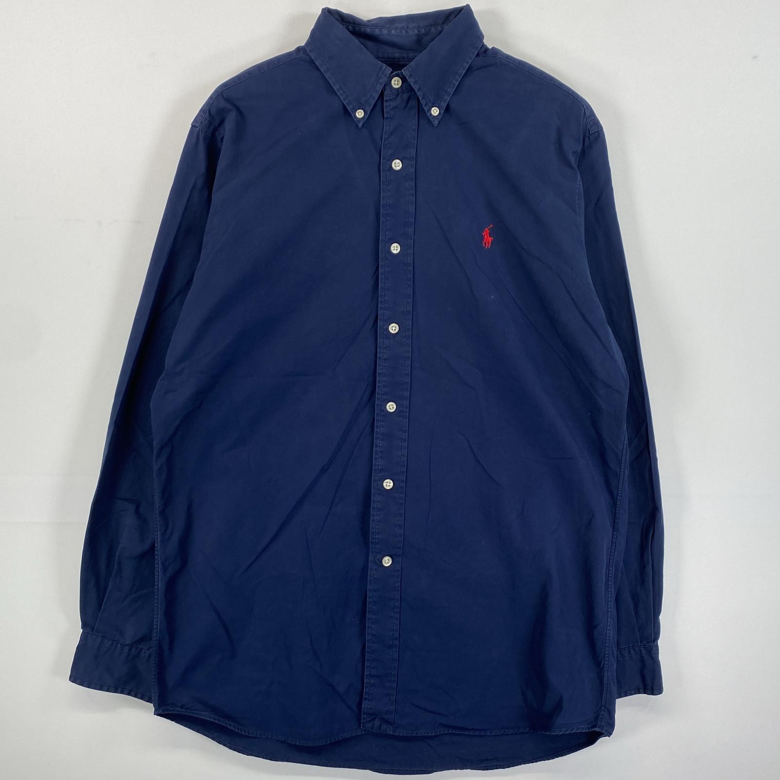 古着 90s/90年代 ポロバイラルフローレン Polo by Ralph Lauren 長袖シャツ ボタンダウン ワンポイントロゴ刺繍 M ネイビー 無地 メンズ