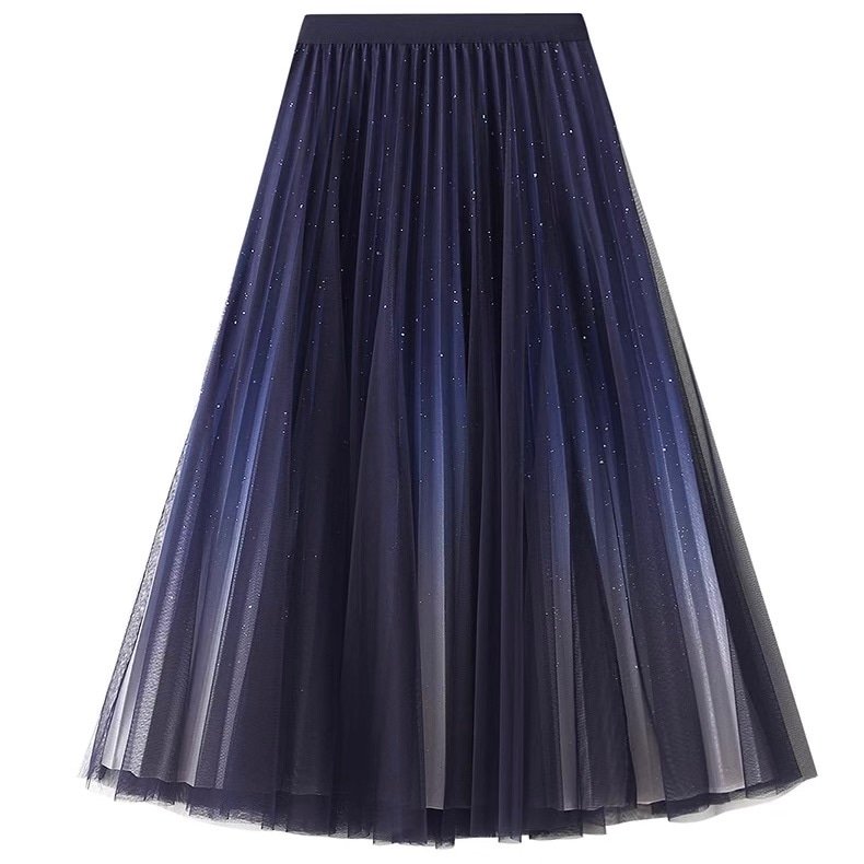 レディース スカート ボトムス チュールスカート プリーツスカート フレアスカート ロングスカート ミモレ ロング Aライン フェミニン ハイウエスト ウエストゴム 伸縮性 スパンコール ヴィンテージ