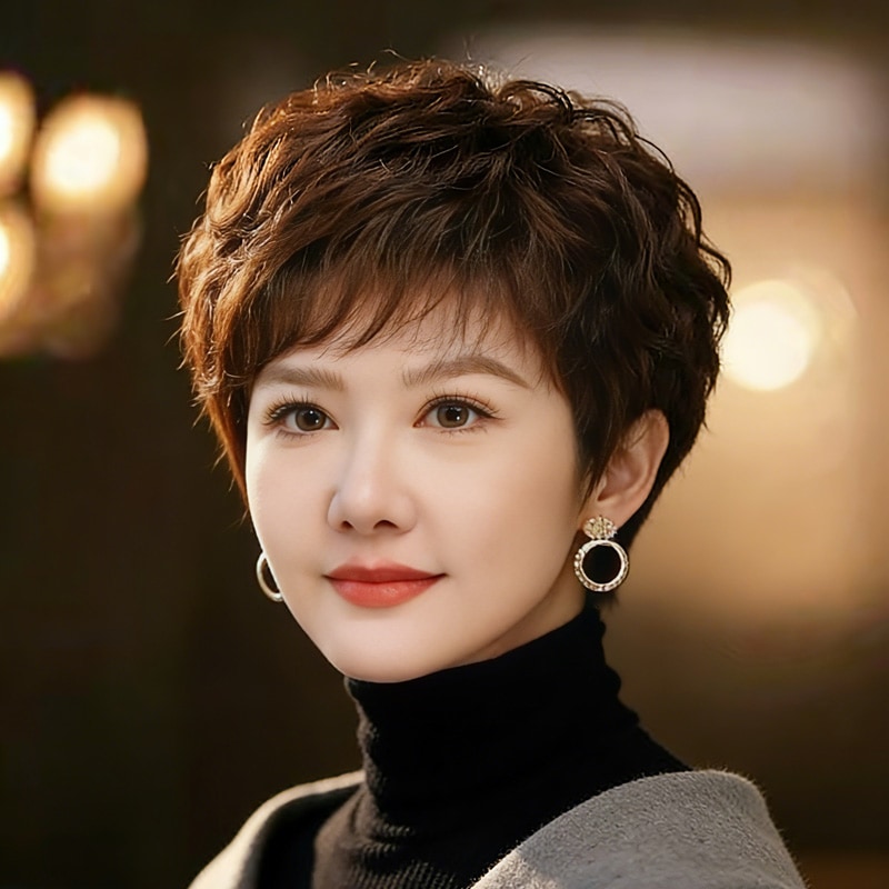 女性用フルウィッグショートヘア人毛ママスタイル巻き髪自然な人毛中高年向けウィッグ
