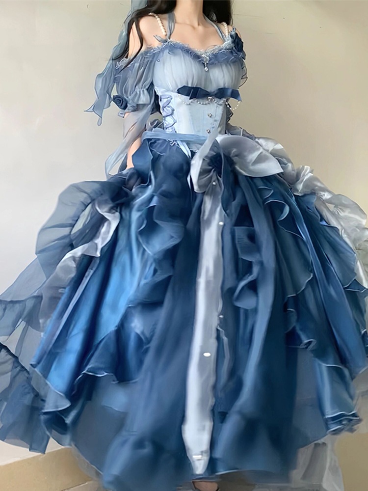 キャミソールワンピースブルーロリータドレスウェディングサスペンダードレス美しい妖精スカートロリータ逃亡王女スカート