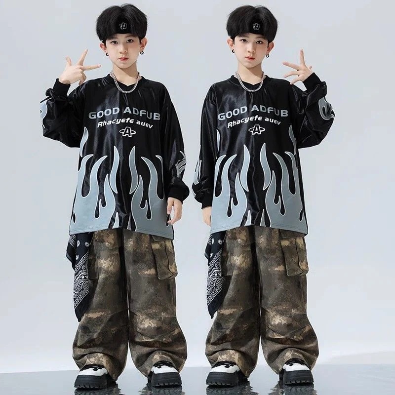 ヒップホップの子供の街のダンスのファッション服のスーツの子供のクールでかっこいいhiphop子供服の演出服の炎の迷彩の男の子のファッション服