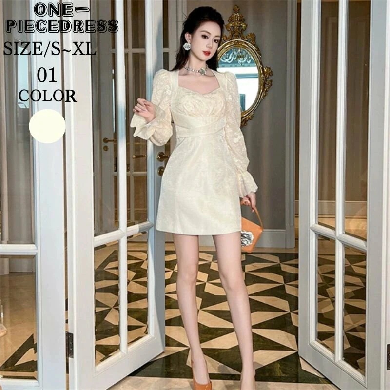 サテン風ミニドレス　aラインワンピース　胸パット付き　セクシードレス　キャバドレス　パーティードレス　ナイトドレス　姫系　長袖　ボリュームスリーブ　セクシー上品 大人 きれいめ スナック 結婚式 ドレ