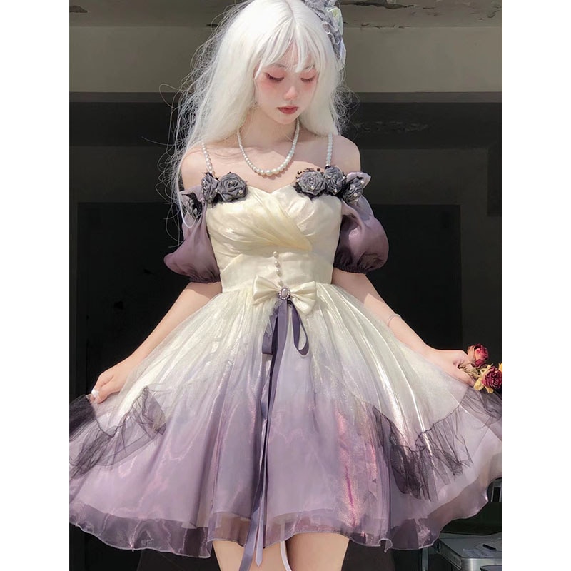 インクカラーローズロリータドレス ウェディングドレス ロリータスイートフェアリープリンセスドレス