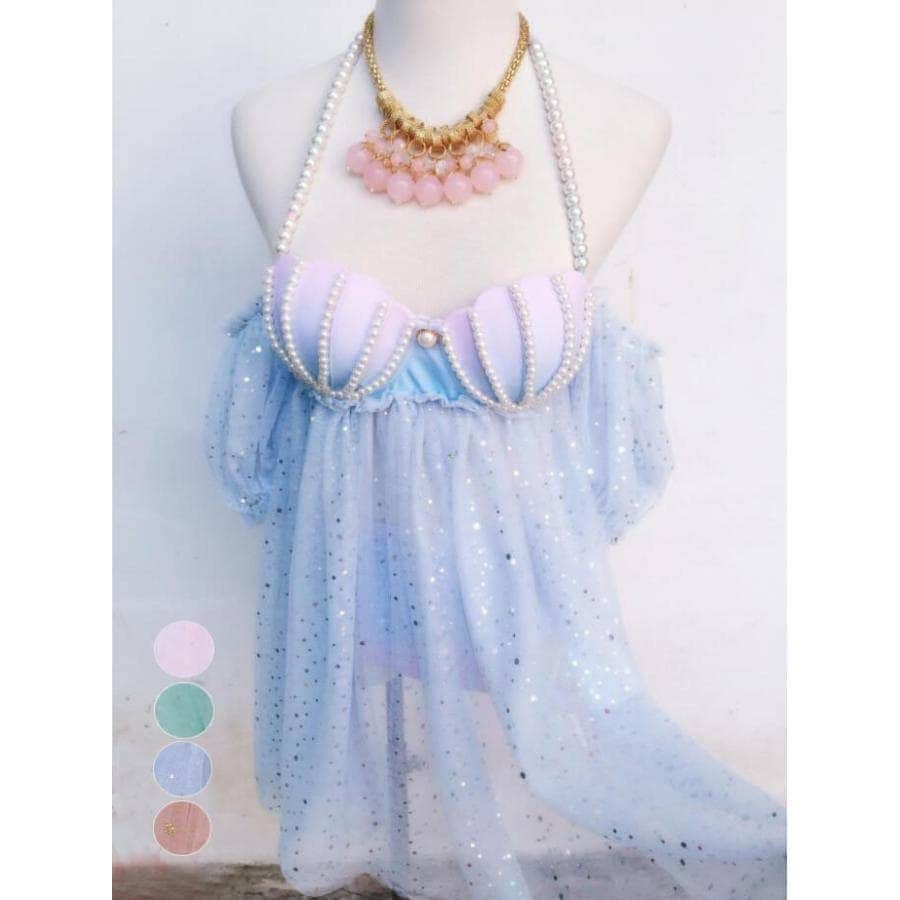 【急速出荷!】ビキニ お姫様 セパレート 水着 ワンピース水着二点セット り きらきらル 体カバー 袖フリル 可愛い 水着 きらきら パール 貝 海 人魚 モチーフ 妊婦