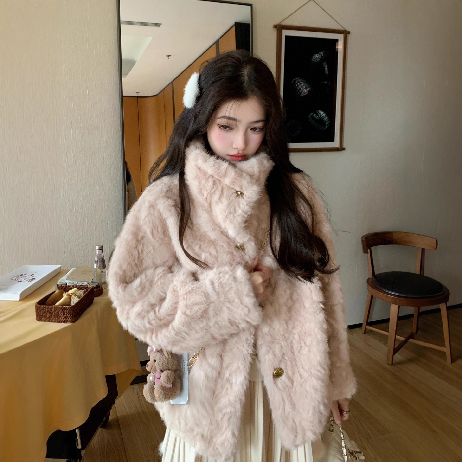 ボアファーレザー一体型フワフワアウター 冬 ミンク調エコファー厚手コート フェイクファー