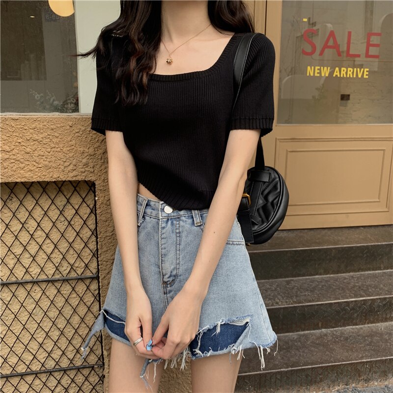 ４色 トップス Tシャツ シャツ レディース 春 秋 かわいい ミニ ショート ショート丈 ミニ丈 半袖 スクエアネック 襟なし スリム タイト 細身 リブニット プルオーバー 白 ホワイト 黒 ブラ