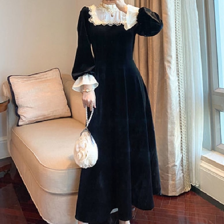 ワンピース レディース ベロアワンピース ドレス ロング レース フリル ミモレ丈 フレア