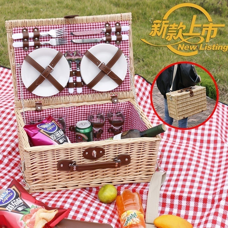 籐ピクニックバスケット食器付き籐ポータブル屋外ピクニックバスケット蓋付き断熱編みバスケットキャンプピクニックバスケット