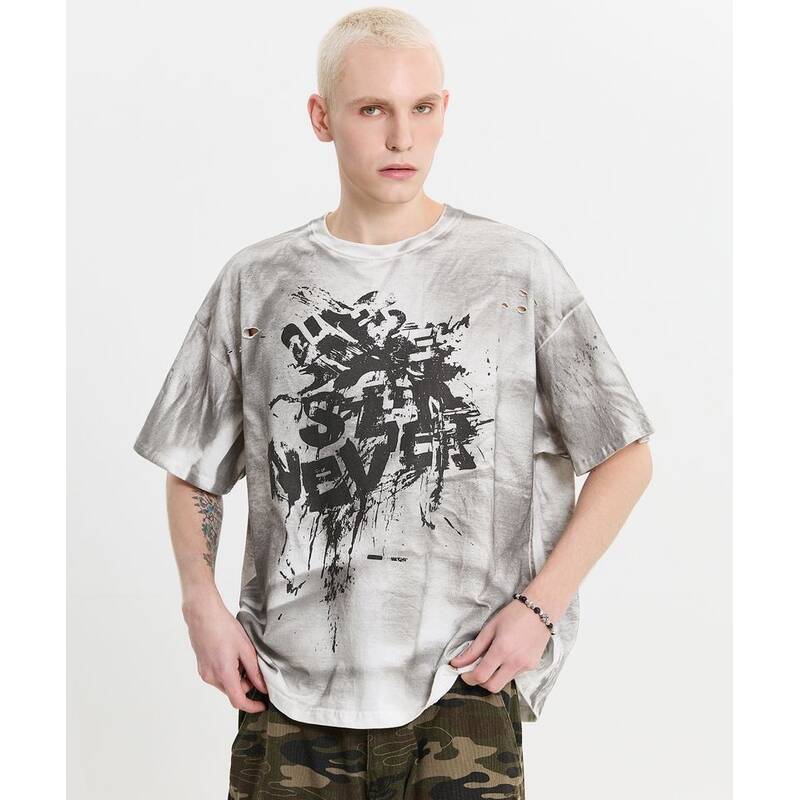HOODHOOD NEVER SAY ダーティウォッシュ加工 ダメージ半袖Tシャツ ホワイト HDBF02TS01WH 411119