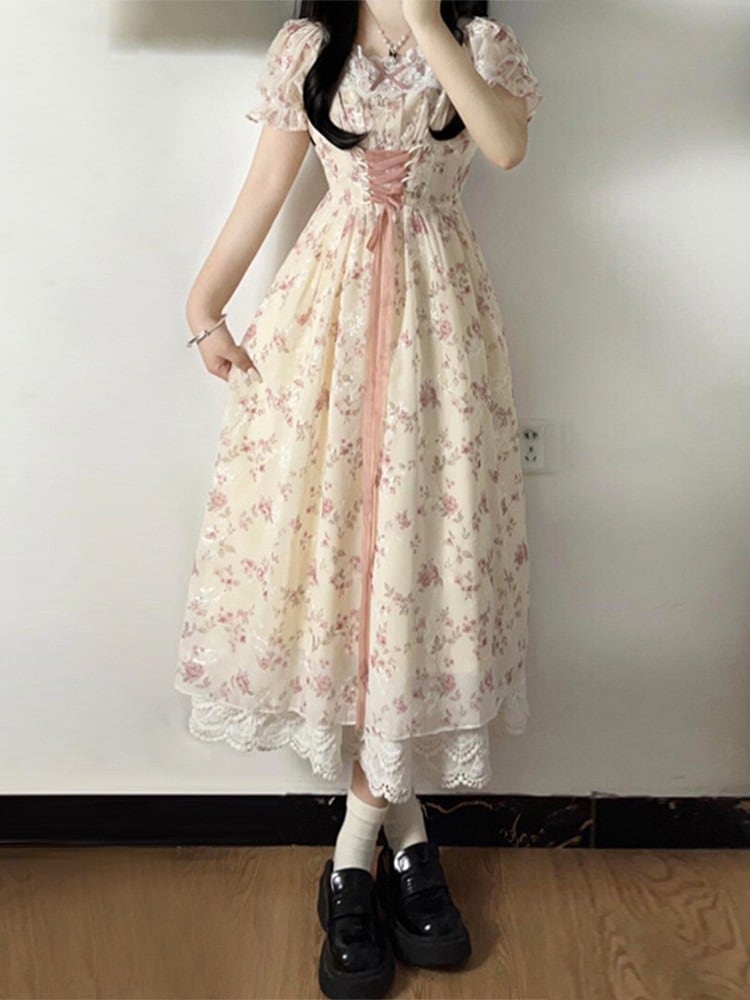 パフスリーブスクエアネック花柄 レディース 夏の 小柄な方向け ウエストを引き締めてスリムに見せるロング