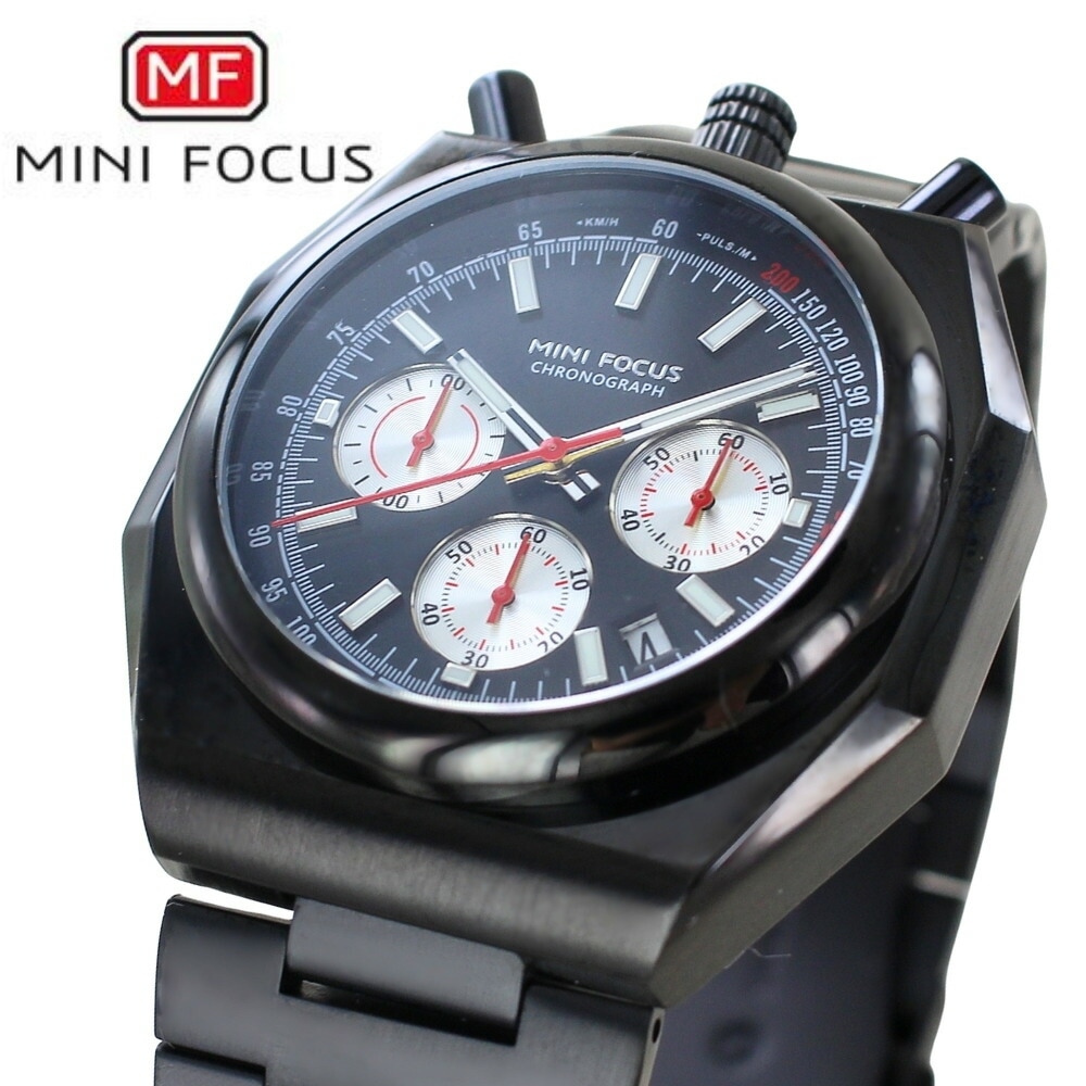 正規品 MINI FOCUS メンズ腕時計 ステンレスバンド かっこいい 腕時計 手表 メンズ 父の日 クロノグラフ クォーツ オールブラック 高級感 大人 おしゃれ ビジネス カジュアル 誕生日 プ
