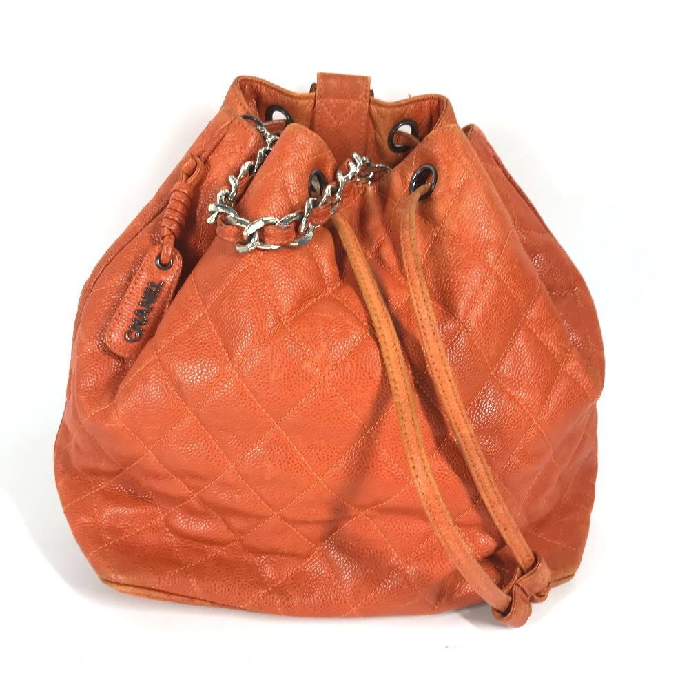 ショルダーバッグ マトラッセ 巾着 キルティング バックパック カバン リュックサック 2WAYバッグ キャビアスキン オレンジ