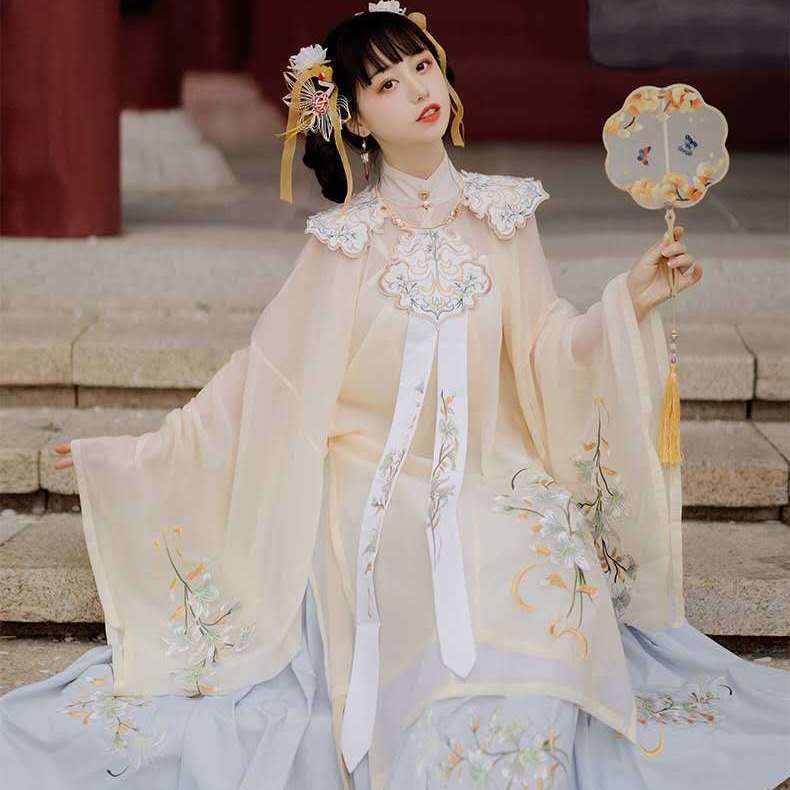 明朝漢服大人の妖精の刺繍が施されたウエスト丈のエレガントな妖精のスカート春と秋の古代スタイルのスプリットブレストスタンドカラーロングガウン大きな袖付き