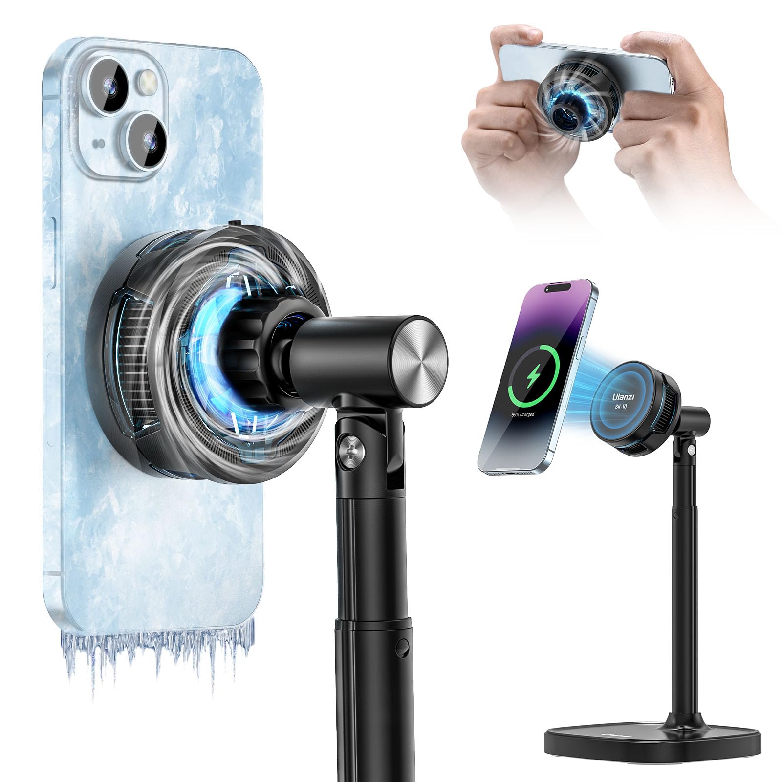 Ulanzi 3 in 1 スマホ スタンドセット 卓上 ワイヤレス充電 スマホ冷却ファン付き 急速冷却 Magasfeスタンド 携帯スタンド 磁気マグネット スマホクーラー 高さ調整 360回転可
