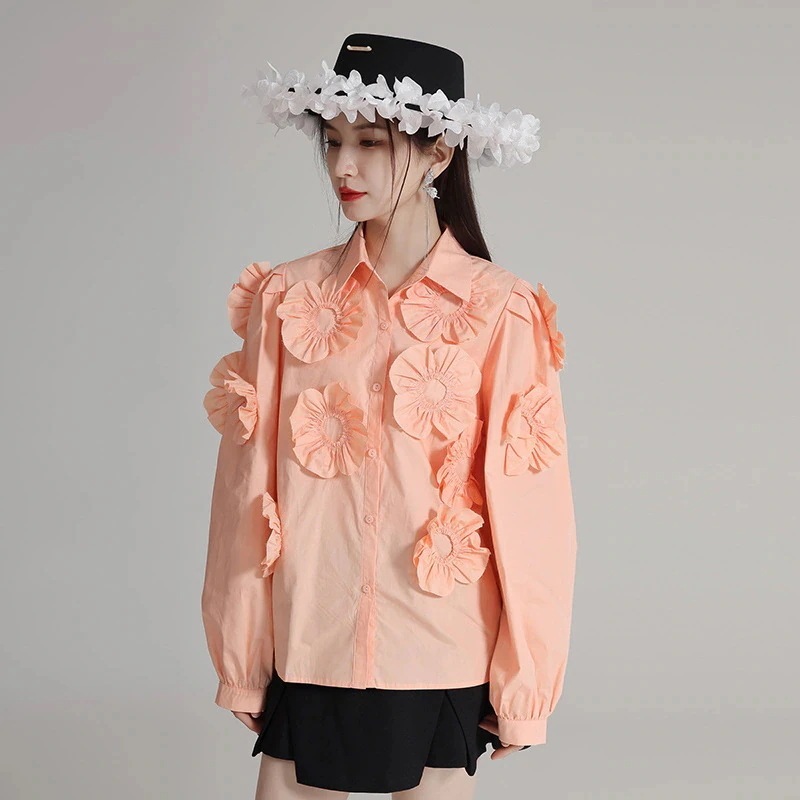 今年も人気可愛い長袖ブラウス立体花の通勤トップス シャツ 6,361円