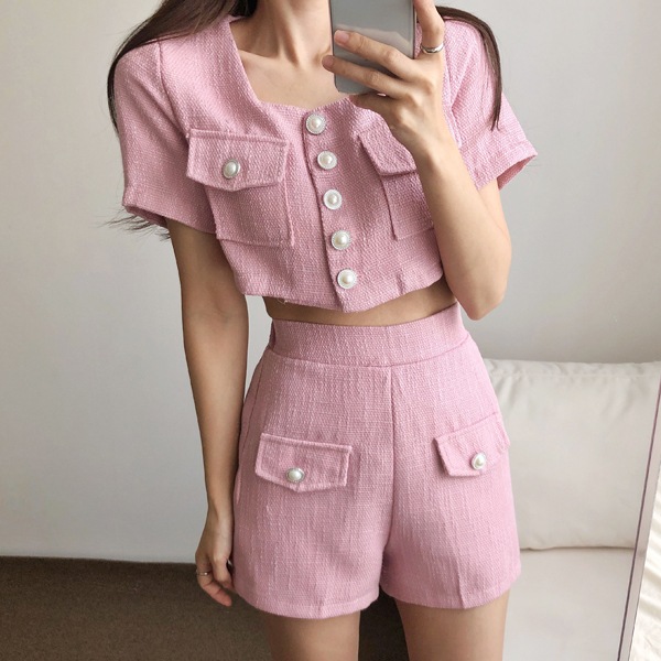 韓国ファッション 半袖 ジャケット 半ズボン ツイード ツーピースセット