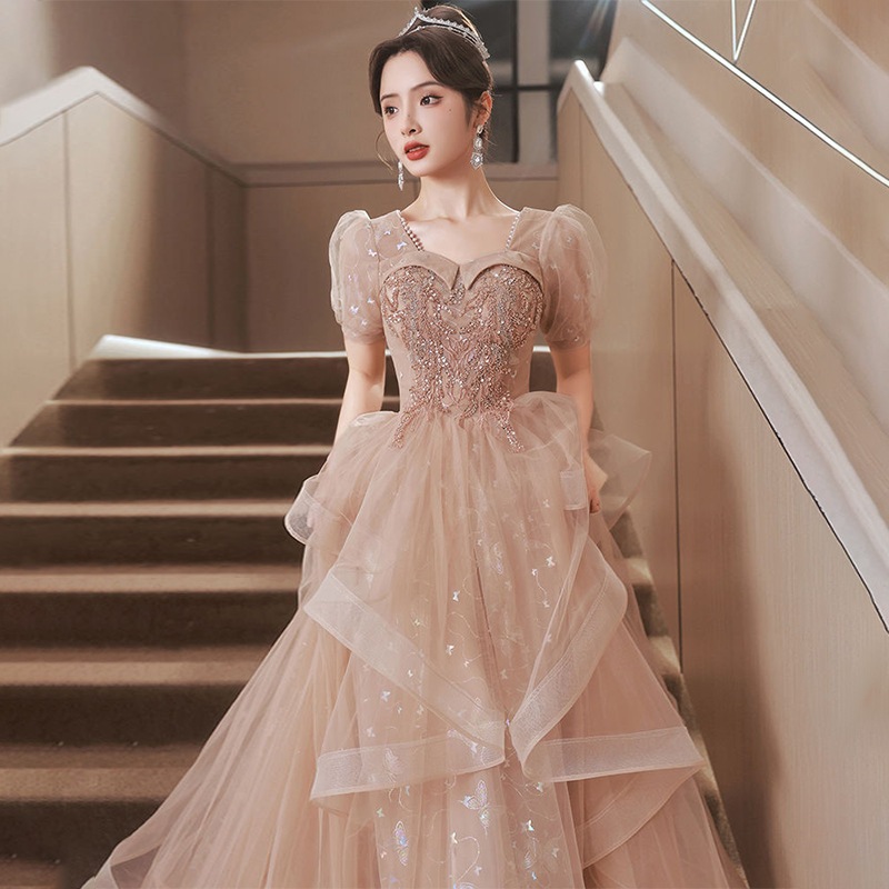 女性用イブニングドレス2024宴会気質シャンパンカラー成人式ホストドレス