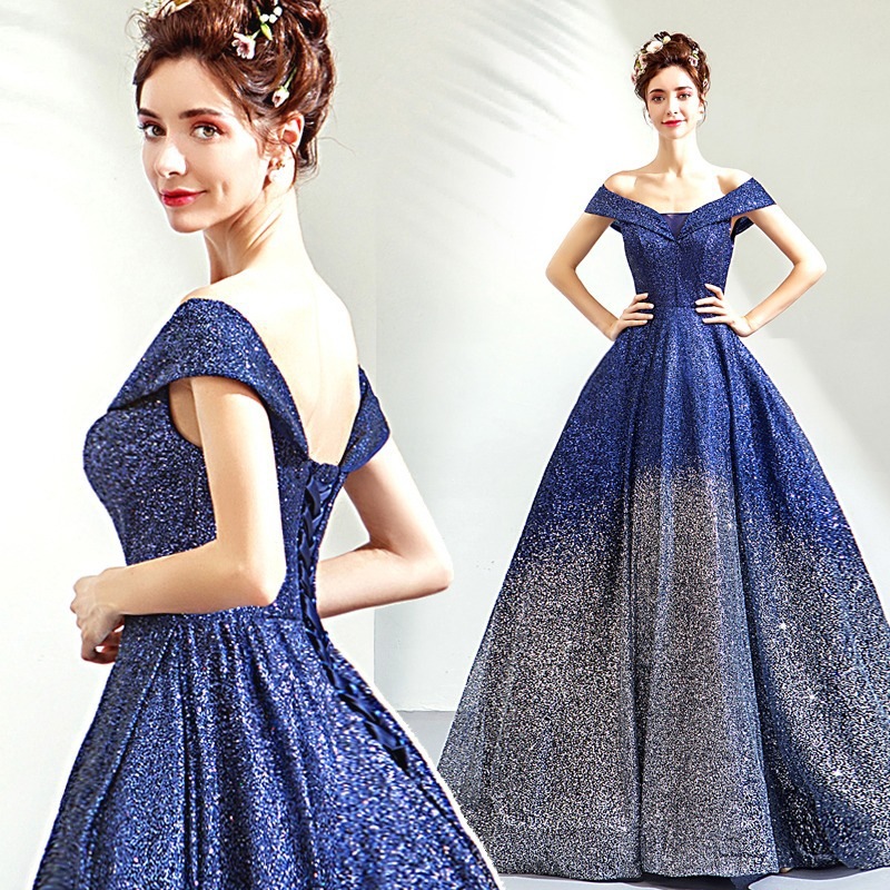イブニングドレス 2024 新しいグラデーションブルーディナー年次パーティーステージパフォーマンステスト星空ウェディングドレス卸売 6,646円