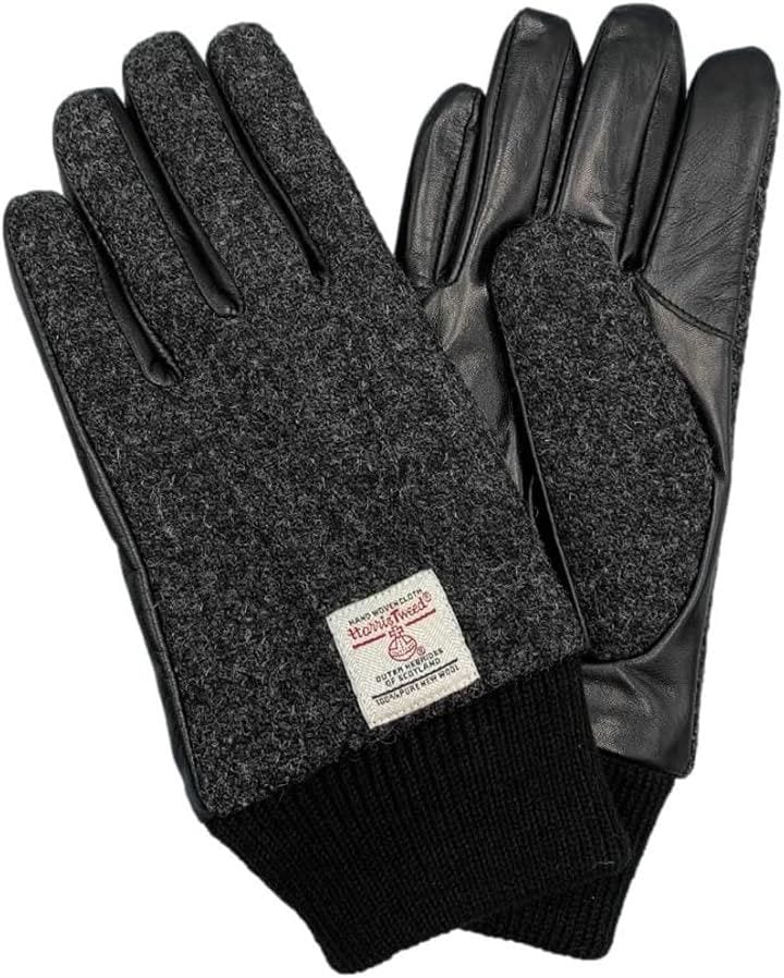 ハリスツイード HARRIS Tweed x羊革手袋 メンズ ニットカフス スマホ対応 裏ボア チャコールHBGL-CGY(チャコール, M)
