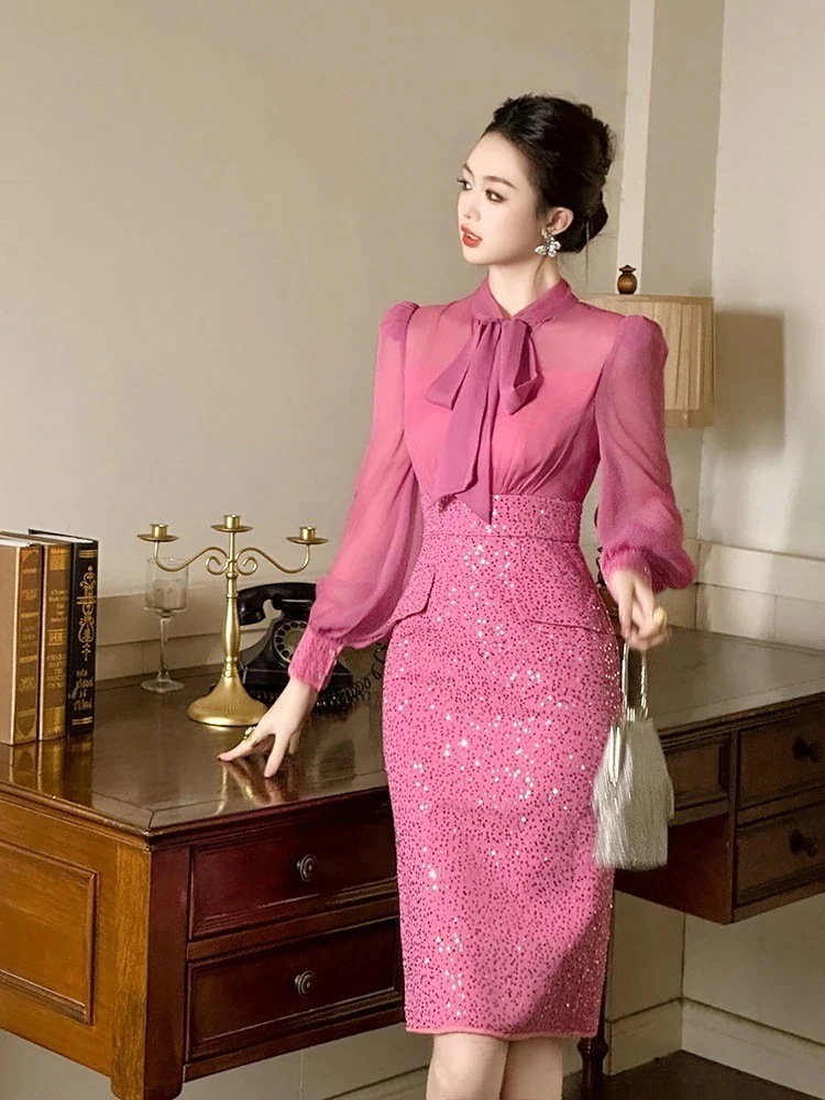 2024春 蝶結び ワンピース シフォン ドッキング キラキラ パーティードレス キャバ 着痩せ 大人 お呼ばれ 同窓会 披露宴 卒業式 結婚式 ウェディング 二次会 成人式30%までに制限