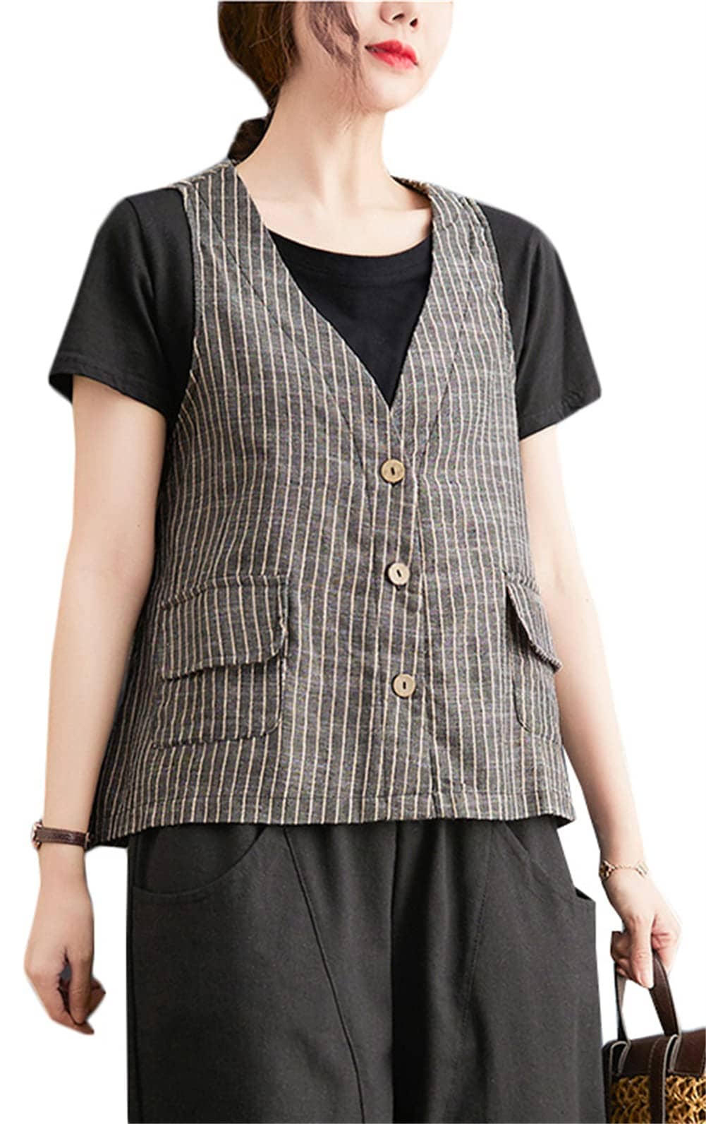 ベスト レディース 綿麻 ジレベスト 前開き ストライプ柄 シャツ ノースリーブ チョッキ カジュアル おしゃれ 夏服 5,000円