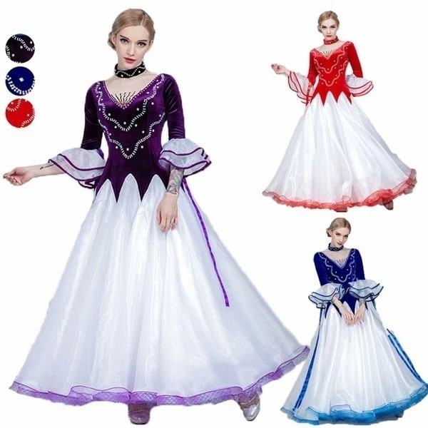 【激安開催】3カラー 社交ダンス モダンドレス 大きいサイズ 大きい裾 スタンダードドレス ワルツダンス 衣装 競技会 デモ パーティー 発表会 競技着 練習着 演出 紫 赤 紺 ダンスウエア ダンス