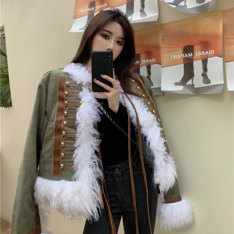 エコファー付きジャケット ナポレオンジャケット ファージャケット ジャケット. コート アウター レディース 秋冬 アーミーグリーン a4191