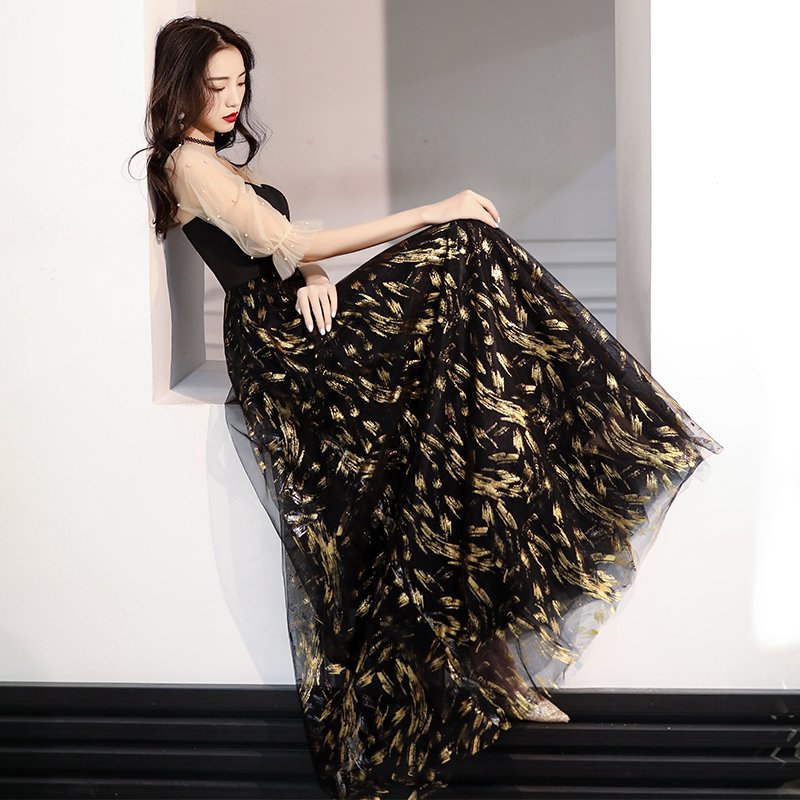 カラードレス ロングドレス 演奏会 発表会 カクテルドレス ブラック 5分袖 ファスナー ゴールド柄 イブニングドレス 大人 パーティードレス ファッション