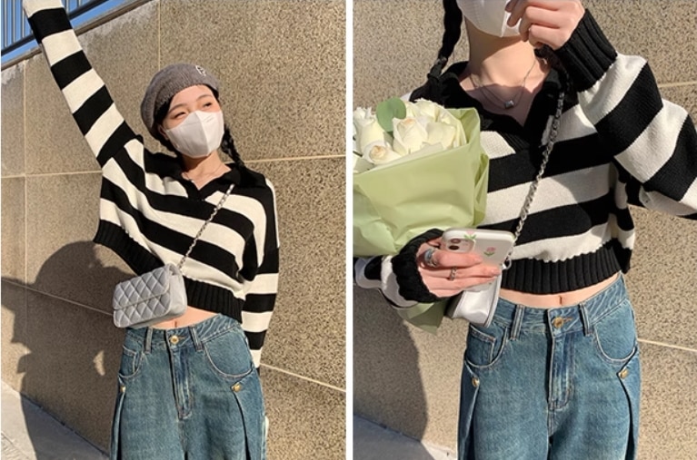 ボーダー 襟付き ニット 長袖 韓国 カジュアル トップス V ネックセーター ストライプ セーター レディース トップス 長袖 フェミニン かわいい カジュアル おしゃれ こなれ感 ラフ