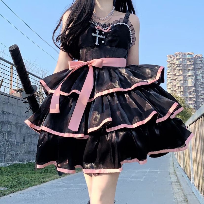 【白椿黒薔薇】可愛いjsk三段白黒コントラストカラーオーバーサイズスカートロリータ