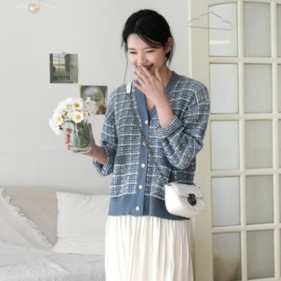 カーディガン レディース オフィス ショート ショート丈 長袖 長袖カーディガン 柄 ツイード ニット ツイードニットカーディガン Vネック カジュアル 防寒 羽織 秋 冬 新作 ボタン 大人可愛い