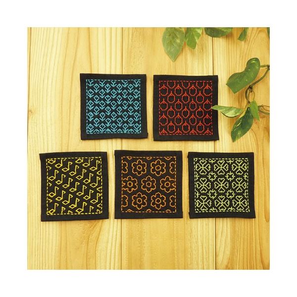 （まとめ）藤久 一目刺しコースター 紺 5枚組(×3セット)