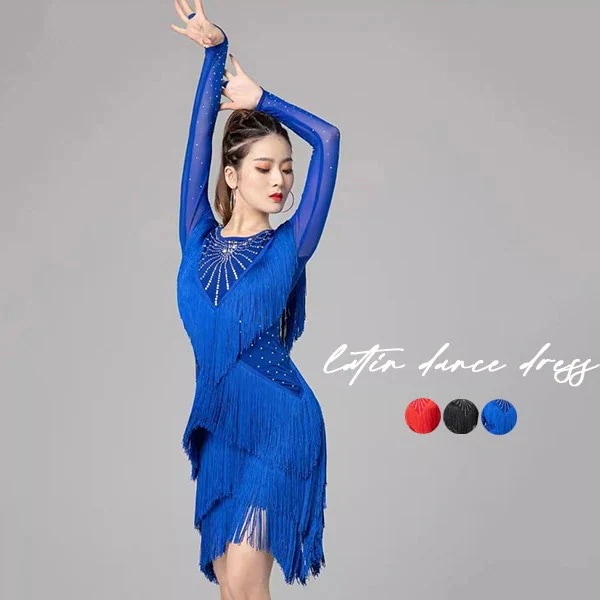 社交ダンス ラテンドレス 社交ダンス ワンピース ダンス衣装 演技服 ワンピース 透け感 装飾あり 練習着 長袖 ワルツ チャチャチャ ラテン ステージ衣装 演出着 演出用 フリンジ 黒 赤as016