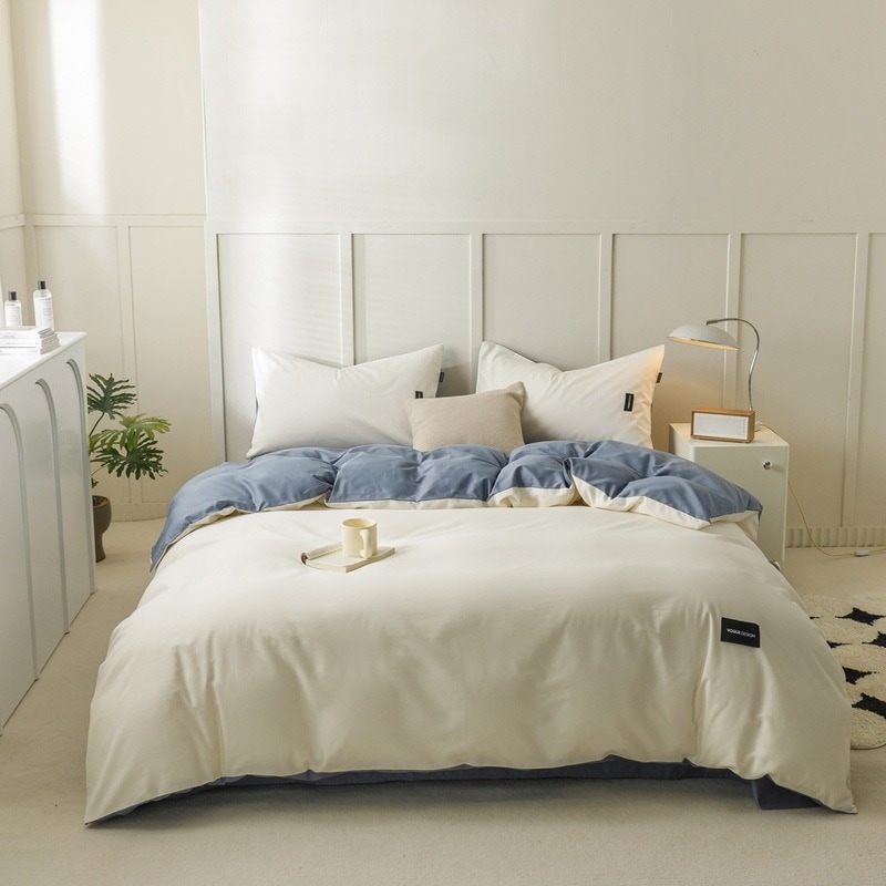 印刷されていない純綿の洗浄済み綿の純綿ベッド4点セット の無地のキルトカバーと枕カバーが付いています