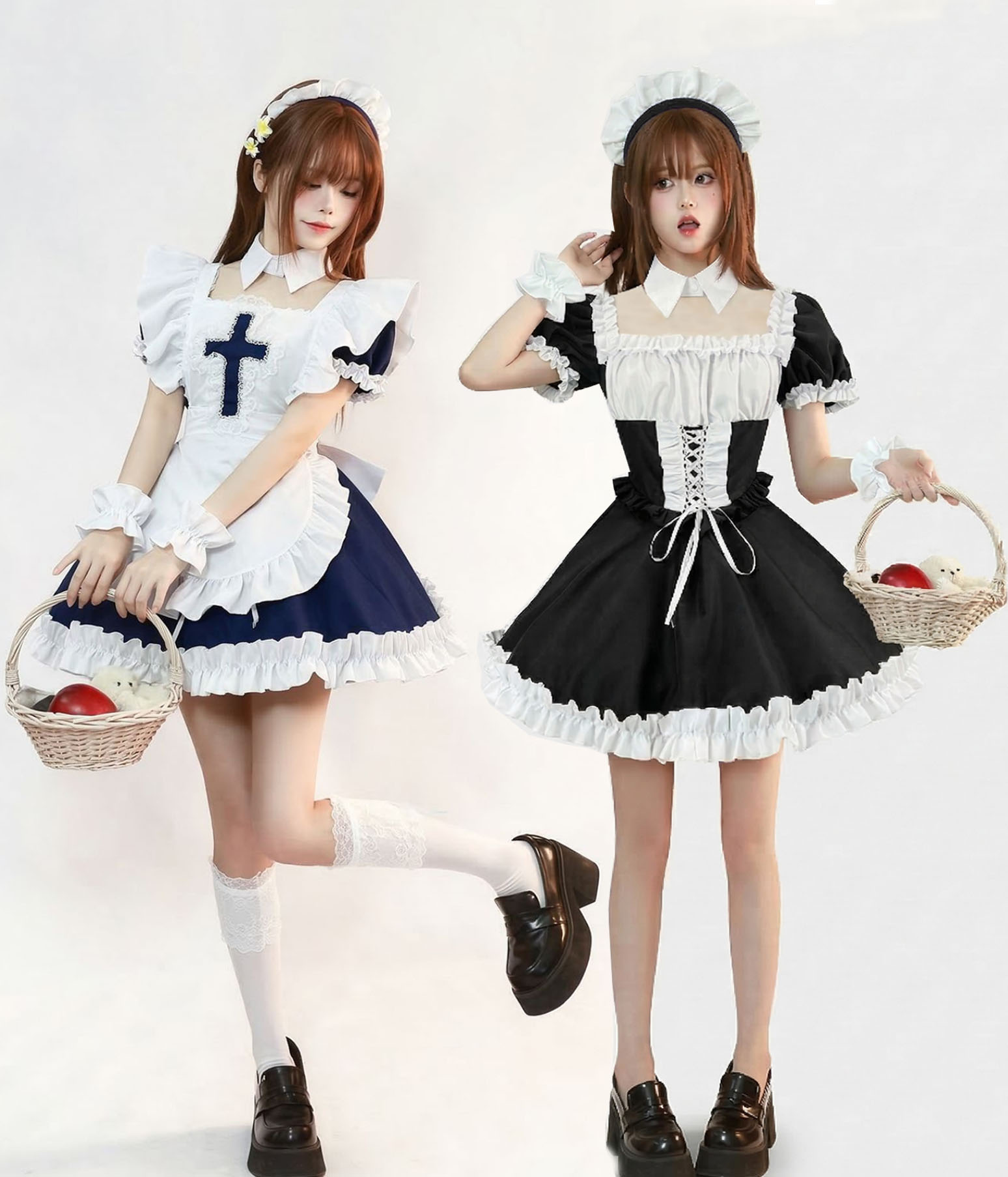 迅速な出荷 メイド服 大人 半袖 ショート丈 メイドコス レディース 女子 アニメ キャラクター コスチューム 黒 ネイビー クラシック 十字架 レース 可愛い メイド ドレス ロリータ メイドコス