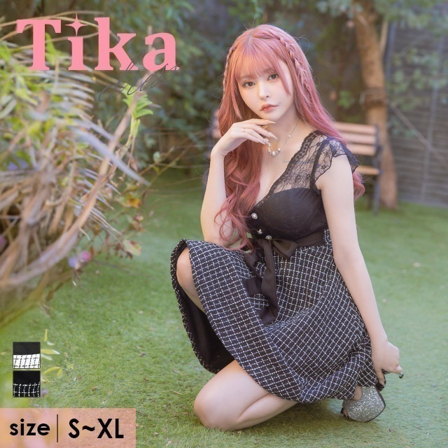 キャバドレス レース 花柄 シアー チェック柄 パール ボタン ミニ ワンピース フレア リボン 大きいサイズ XL ブラック ホワイト 白 黒 ミニワンピース フレアドレス キャバ嬢 キャバクラ ラ