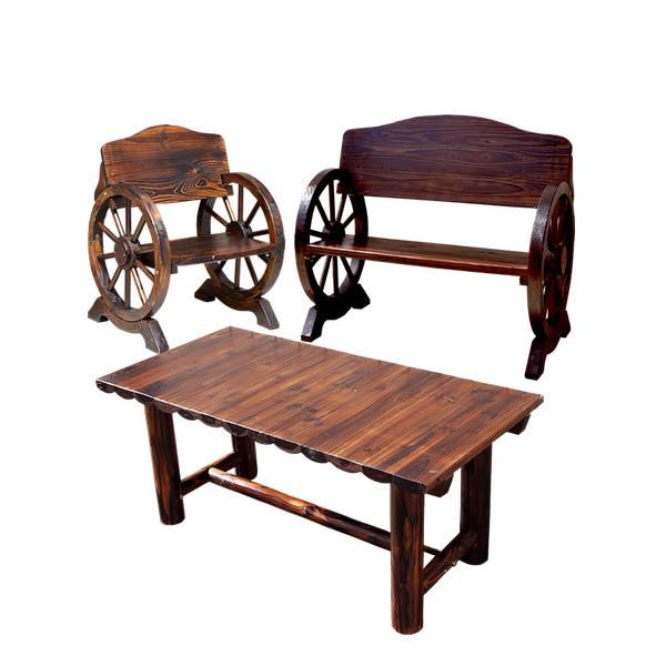 ガーデンセット ガーデンベンチ 椅子 ガーデンチェア ガーデンテーブル 車輪ベンチ 焼杉テーブル 3点セット