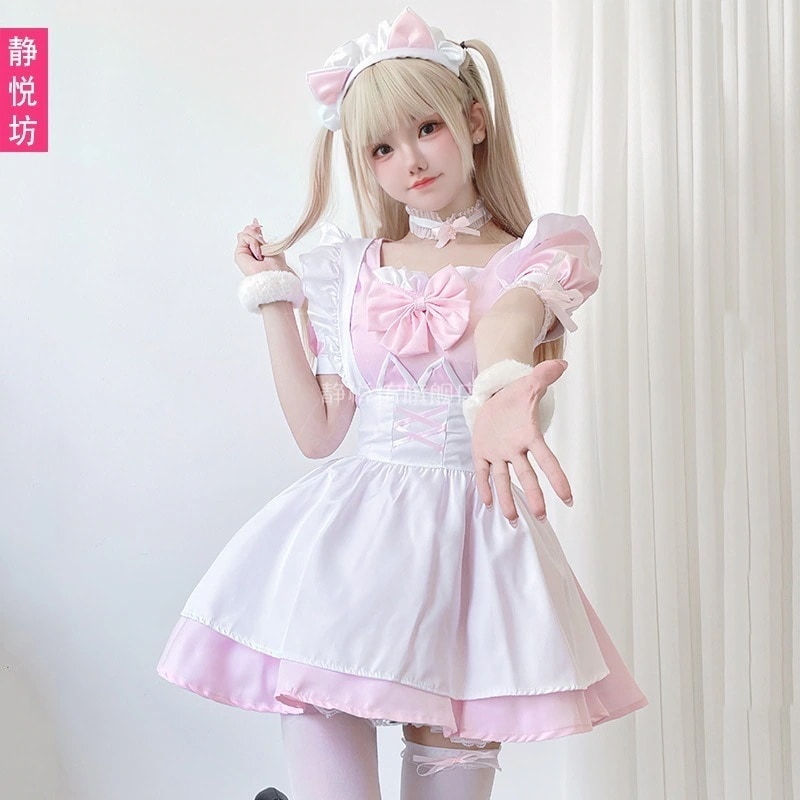 ロリータ 二次元 ソフトガールロリータピンクかわいい猫メイド服ドレスかわいい女の子アニメロールプレイメイド制服 韓国ファッション