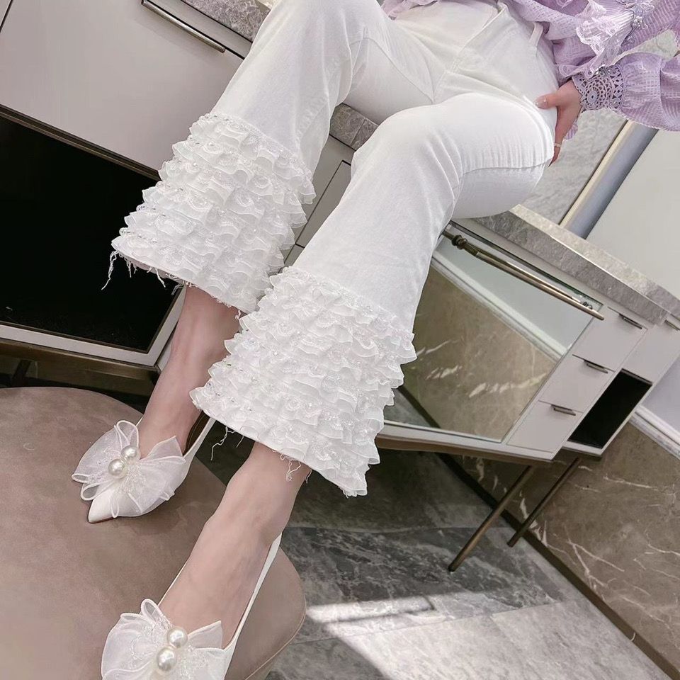 2024年春韓版デザインセンス重工業ビーズレースステッチフリルハイウエストスリムジーンズLa ig West Slim Jeans 母の日