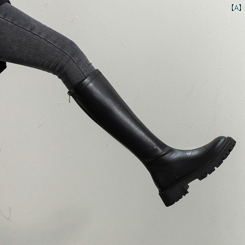 ロングブーツ レディース タイトフィット シンプル おしゃれ スタイルアップ 女性用 フラットソール ハイ ブーツ レトロ ブラウン 革 ナイト ブーツ 女性用 厚底 伸縮性 スリム ブーツ