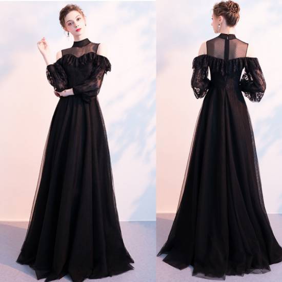 新品早く買いに来て ロングドレス パーティードレス ロング 結婚式 演奏会 フォーマル ゲスト ブラックドレス ロング オフショルダー スタンドカラー 七分袖 フレア 大きいサイズ 20代 30代