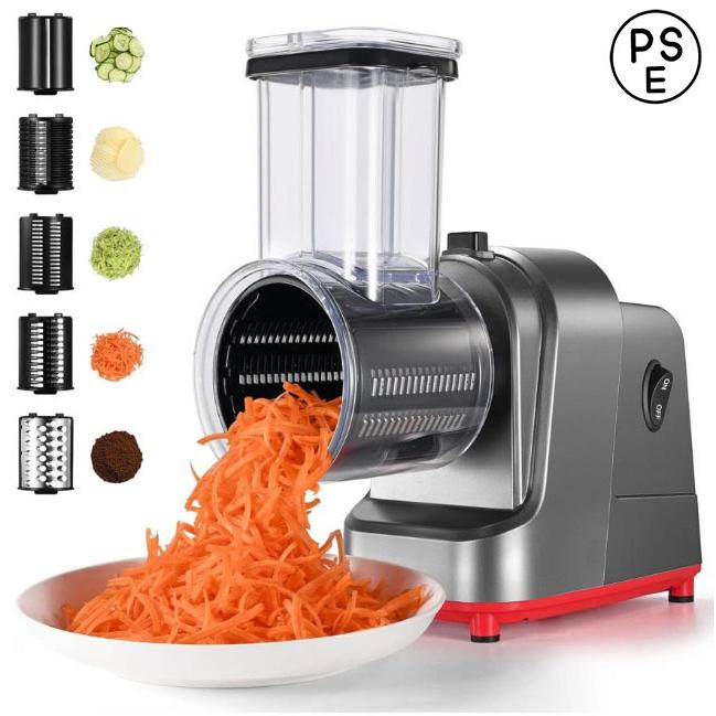 電動野菜スライサー 野菜サラダメーカー スライサー セット 5種類替刃 ステンレス 千切り 細切り 操作簡単 野菜 カッター 刻む 簡単 時短 きゅうり 人参 玉ねぎ